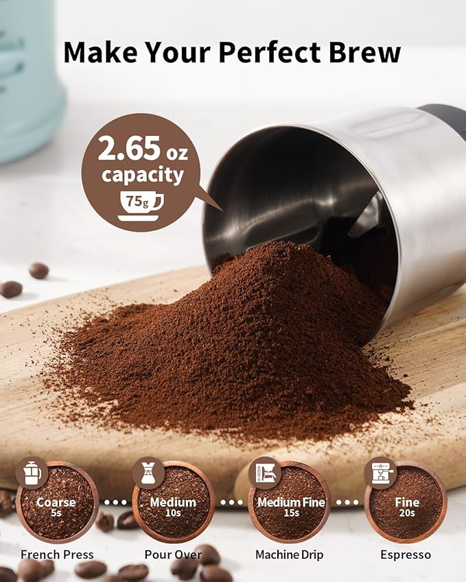 SHARDOR Quiet Coffee Grinder Electric, 70g Removable Bowl Spice Grinder for Coffee Beans, Seeds and Grains, Super Silent Grinding Mill with 60dB Low Noise, 2.5oz Capacity, Blue