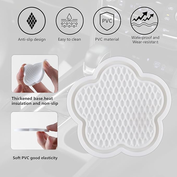 GaRhomxy Car Cup Holder Coaster, Universal Non-Slip Recessed Flower Shaped Cup Holders, Cute Car Accessories Interior for Women and Man Interior Sets 4 Pack (White)