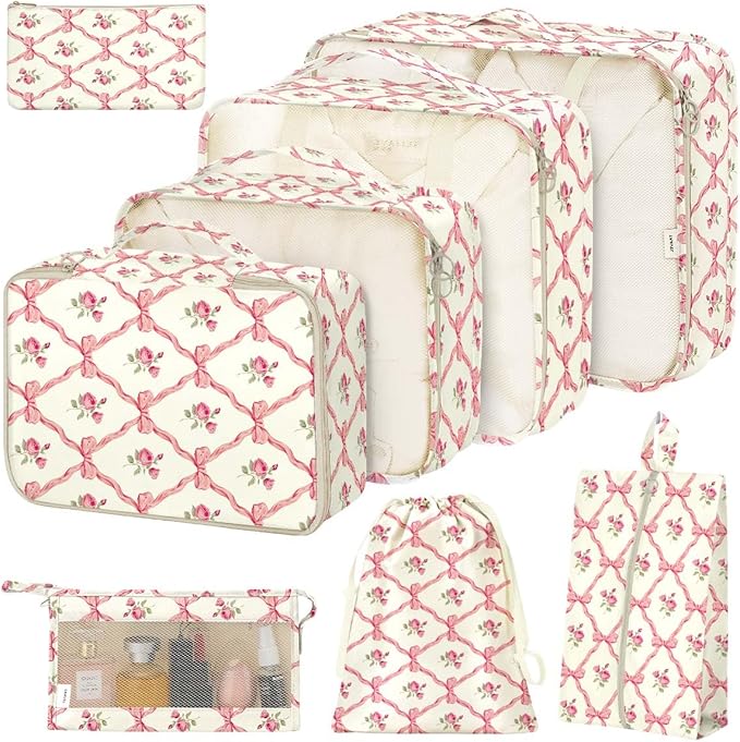 8 Set Packing Cubes for Suitcases, Packing Cube with Shoe, Cosmetics, Clothing, and Accessories Bags, Packing Cubes for Travel, Luggage Organizer for Women and Men (Bow Flowers)