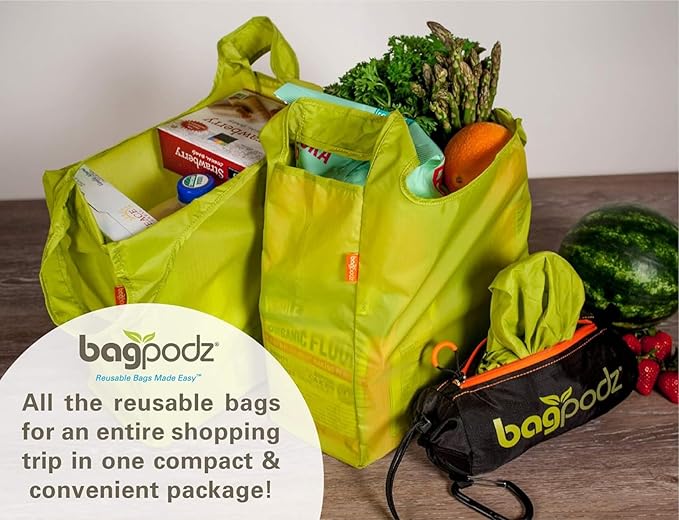 Sturdy Reusable Grocery Bags, Foldable and Washable - Made from Ripstop Nylon, Holds 50lbs - Designed in USA - Reusable Shopping Bags Inside a Compact Pod with Carry Clip - 5 Pack in Green