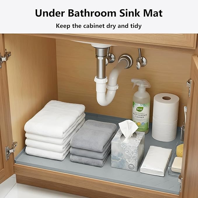 Mateeylife Under Sink Mats for Kitchen Waterproof 22"X19", Undersink Protectors，Silicone Mat Cabinet Liner, Under Sink Organizer for Bathroom and Kitchen，Boot Tray Pet Food Mat, Light Grey