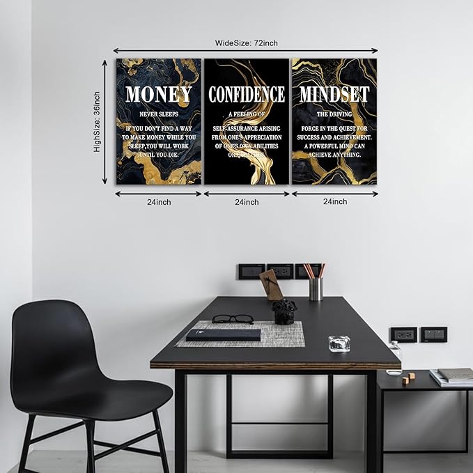 KAWAHONE- Money Never Sleeps, Motivational Canvas Wall Art,Inspirational Poster, Confidence Mindset Wall Decor Framed Inspirational Entrepreneurs Painting Prints Quotes Poster for Office Workplace Ready to Hang