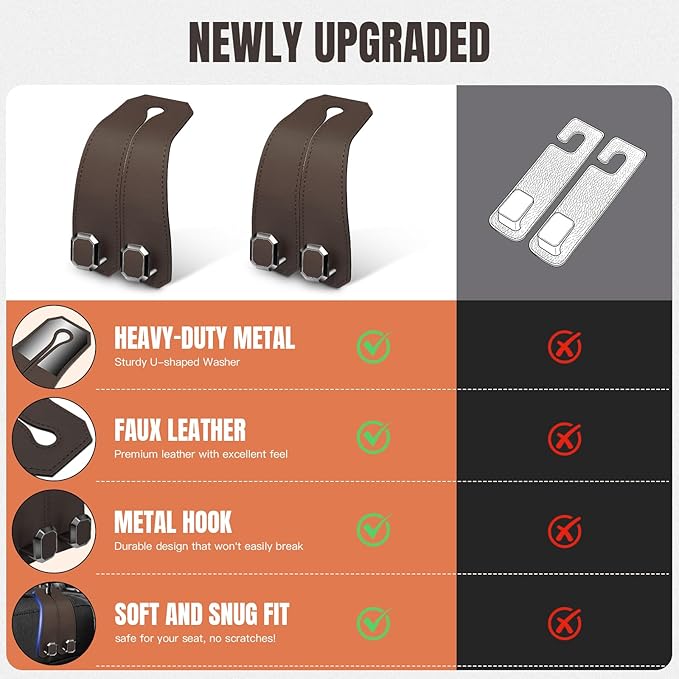 CAFORLANK 2PCS Car Hooks for Headrest, Faux Leather Purse Hook for Car Seat Back Organizers and Storage, Double Metal Purse Holder Bag Hanger, Universal Car Interior Accessories for Women Man
