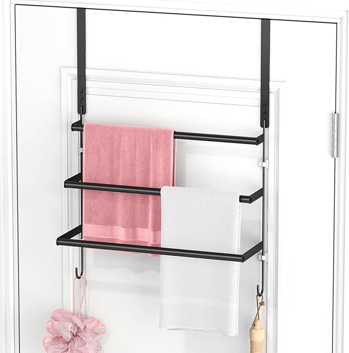 Over The Door Towel Rack, Towel Rack with Hooks for Door Hanging, Door Towel Bar, Over Door Towel Racks for Bathroom (Black)