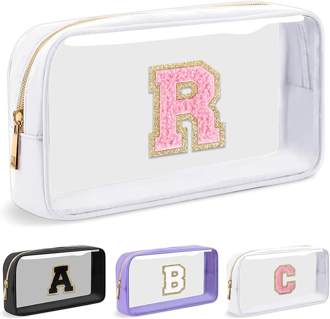 Personalized Initial Letter Clear Makeup Bag, Preppy Small Nylon&PVC Cosmetic Zipper Bag with Chenille Letter, Travel Skincare Toiletry Bag, Monogram Christmas Gift for Teen Girls Women, R