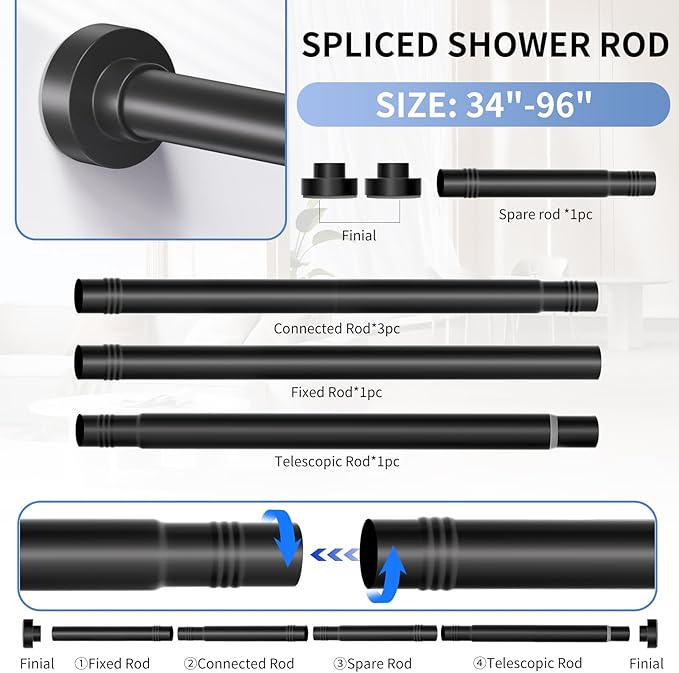 Black Shower Curtain Rod 34-96 Inches (2.8-8ft) Never Rust Adjustable Shower Rod Spring Tension Non-Slip No Drilling Shower Rods for Bathroom Garland Window