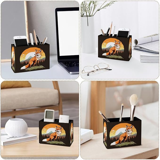Famame Fox Animal Sunrise Pencil Holder for Desk, Leather Desktop Container Pen Cup Storage Study Table Pen Organizer Makeup Brush Holder for Classroom Office Home