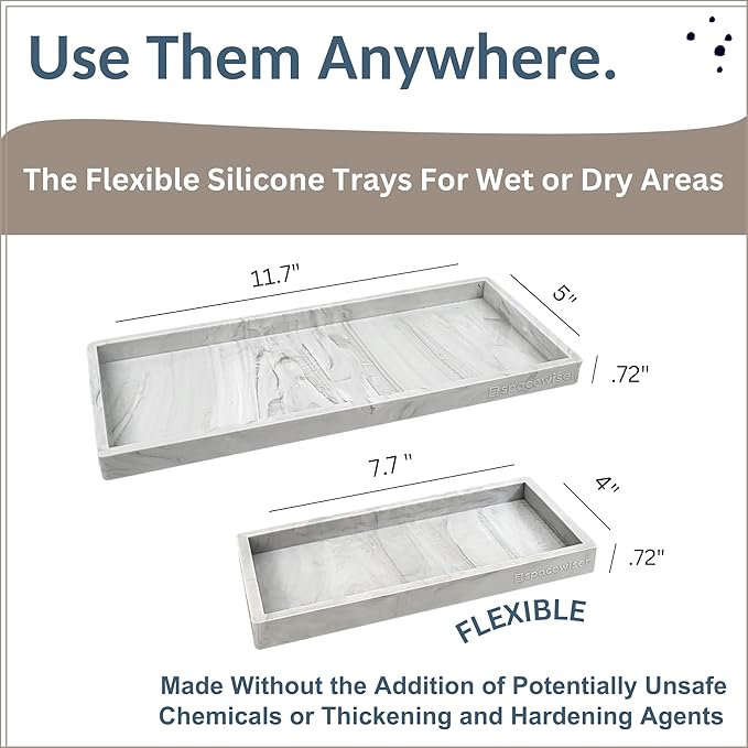 Spacewiser Countertop and Vanity Tray - 2 PC (11” and 7”) Shatterproof Silicone Kitchen and Bathroom Trays for Counter, Kitchen Soap Dispenser Tray, Vanity Trays for Bathroom, Perfume Key Tray