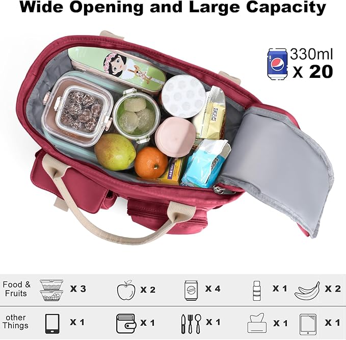 Hafmall Large Insulated Lunch Bag for Adults, Wide Opening Insulated Bag with Shoulder Strap, Lunch Bags for Women, Reusable Adult Lunch Tote Bag For Work, Picnic (Red)