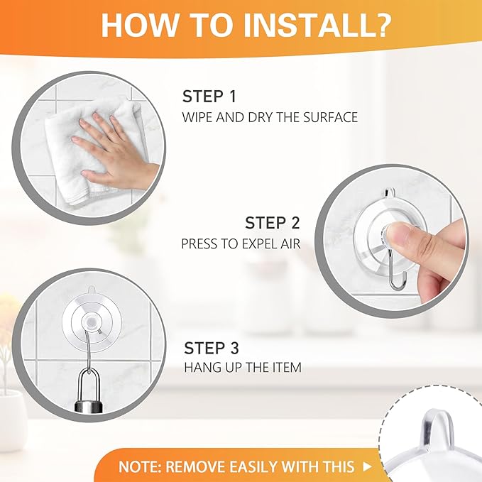 KORCCI Suction Cup Hooks 16Pack - Max Load 10LB, 1.77Inch Clear Medium Suction Cups, No Trace, Reusable & Removable, Stainless Steel Hooks, for Tile, Glass, Window, Shower, Kitchen, Bathroom