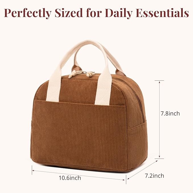 LOVELYWIND Insulated Brown Sugar Lunch Bag for Women, Stylish Corduroy Tote with Aluminum Lining, Large Capacity Reusable Cooler for Work, Travel, or Beach, Beige Cream Water-Resistant Lunch Box