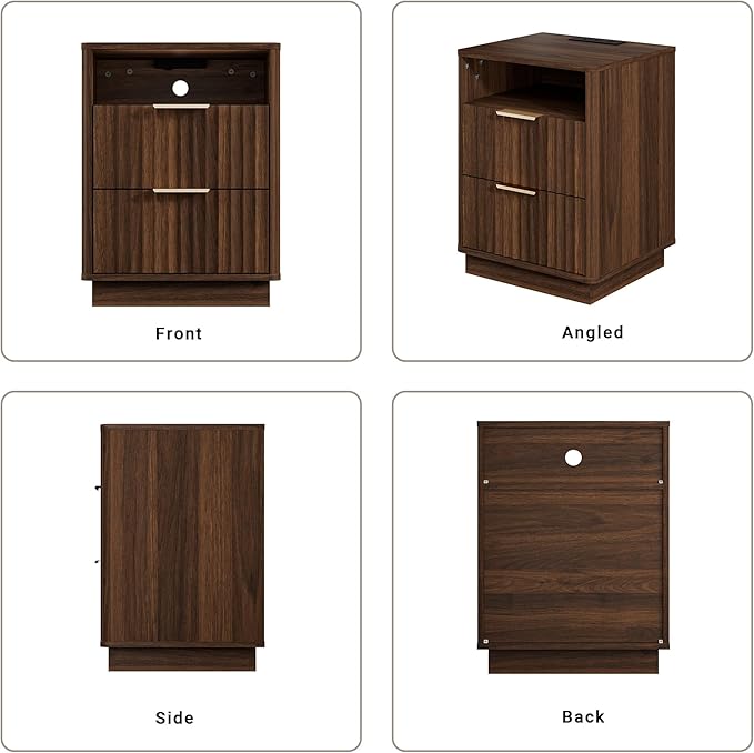 Fluted Nightstand Set of 2 with Charging Station, 18 inch Modern Farmhouse Night Stand, 2 Drawers End Table with Storage, Bedside Table for Bedroom Sofa Home Office, Curved Profile, Walnut