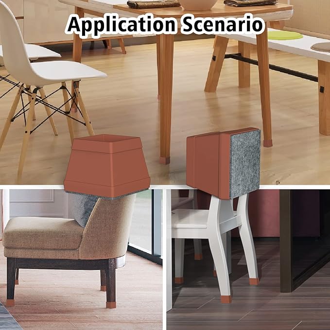 16 Pcs Square Chair Leg Protectors for Hardwood Floors, Silicone Felt Furniture Pads Non-Slip, Free Moving Table Leg Covers, Chair Protectors for Wooden Floors. Brown