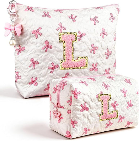 Initial Makeup Bag, Christmas Gifts for Women Teens Girls Birthday Gift Personalized Bow Cosmetic Bag, Quilted Cosmetic Travel Toiletry Pouch, Cute Makeup Organizer Teen Girl Gifts Trendy Stuff, L
