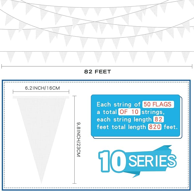 Tatuo 820 ft 500 Pcs Pennant Banner Flag String Hanging Triangle Bunting Flag for Carnival Party Outdoor Events Birthday Classroom Decoration(White)