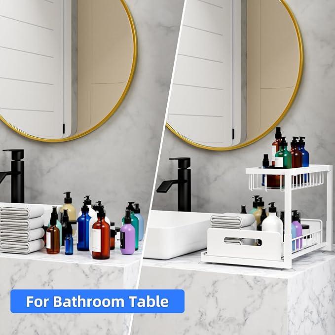 Lxmons 2-Tier Under Sink Slide Out Organizer, 2 Pack Pull Out Cabinet Storage Shelf with Sliding Wire Basket Drawer for Bathroom Kitchen, Countertop or Pantry Shelf, White