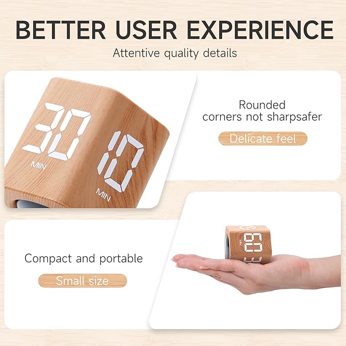 Productivity Timer 1, 5, 10, 30, 60 Minutes Preset, Desk Cube Timer with Gravity Sensor/Mute/Vibration for ADHD, Work, Study, Kitchen, Back to School (1, Wood Grain)