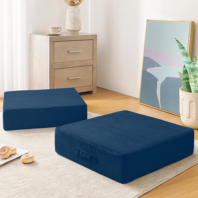 Wellsin Solid Square Floor Pillows for Adults Kids - Large Meditation Floor Pillow Seating Cushion with Thick Foam & Washable Velvet Cover, 1 Pack, 22x22x5 Inch, Dark Blue