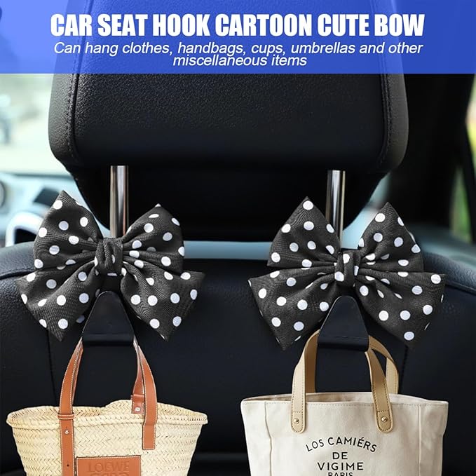 Mandark 2PCS Car Seat Hooks - Cute Bow Vehicle Hooks for Purses & Bags, Universal for SUV, Sedan, Truck (Black/Polka Dot)
