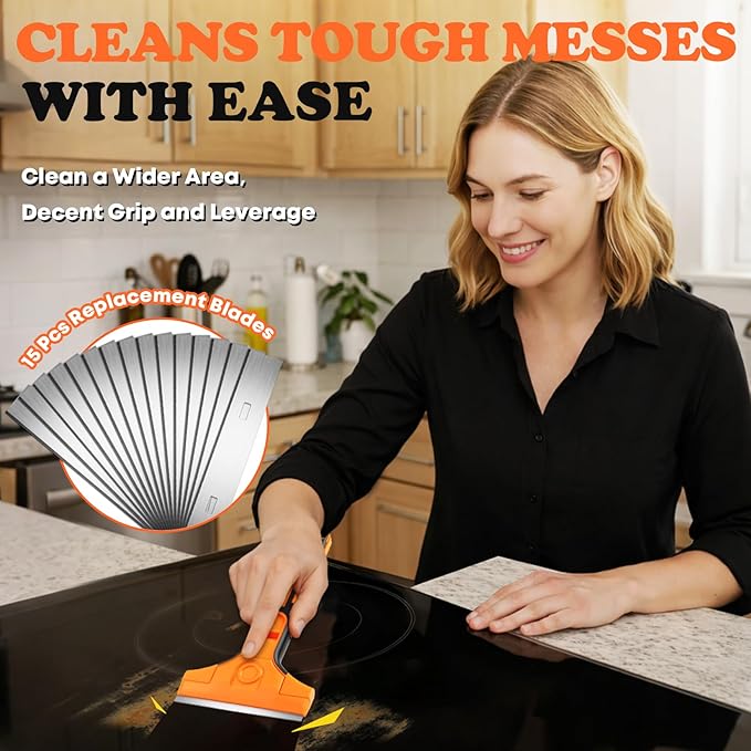 JETMORE Razor Blade Scraper, Scraper Tool with 15 PCS SK5 Steel Blades, Razor Scraper, Ergonomic Handle with Blade Storage Box, Scraper for Cleaning Windows, Glass, Oven, Stove, Kitchen, Floor, Paint