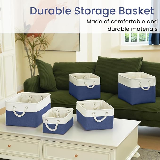 VQRTEXA Large Storage Baskets- 16x12x12 inch Storage Bins for Shelves and Closet Organizing, Foldable Fabric Bin for Home Organization Clothes and Laundry (1-Pack, White&Blue)