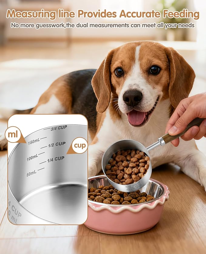 Stainless Steel Dog Food Scoop, Dog Food Measuring Cup With Measuring Lines (Cup/ML) & Long Wooden Handle, Metal Pet Food Scoop For Dogs, Cats and Kitchen Use, Dishwasher Safe (3/4 CUP)