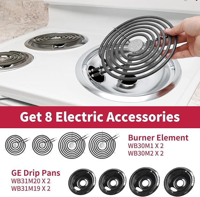 GE Drip Pans and Stove Burner Element Unit Set, Perfectly Fit WB30M1 & WB30M2 -Replacement for GE Hotpoint Kenmore Stove Top（Black）