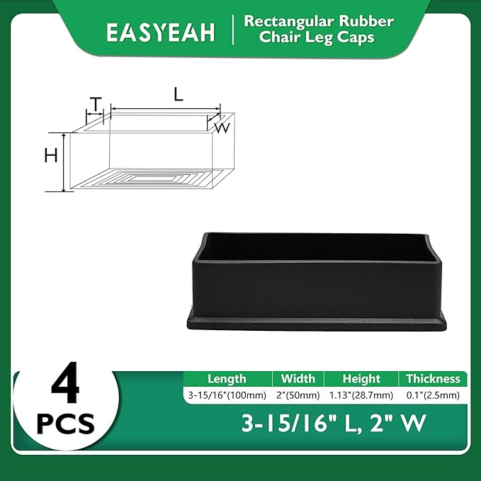 EASYEAH 2" x 4" (50x100mm) Rectangle Chair Leg Floor Protectors, Black Rubber Chair Leg Caps, Non-Slip Patio Furniture Feet Cap, PVC Chair Feet Covers for Hardwood Floors & Tables, 4pcs