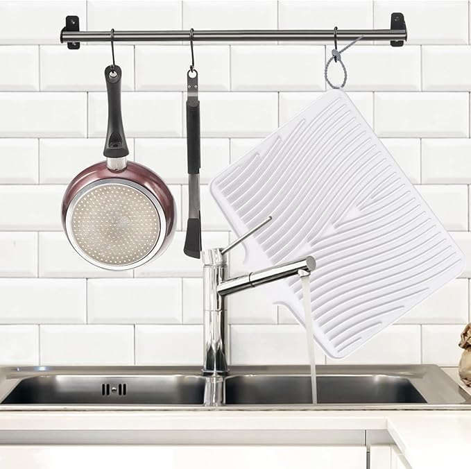 TIKNIK Dish Drying Mat,Stone Drying Mat for Kitchen Counter with Built-in Drain,Non-Slip Drying Matt Kitchen Counter, Heat Resistant Silicone Drying Mat, Dish Drying Pad, 2 Pcs(White, 20"x15")