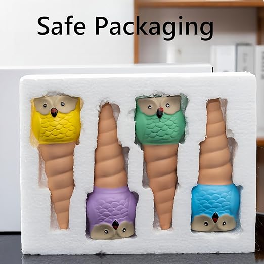 Qinsuikai 4 Pack Plant Watering Devices, Animal Shape Terracotta Watering Spikes, Vacation Self Watering Planter Insert, Automatic Plant Waterer for Indoor Outdoor Plants (Owl-Grey Eye)