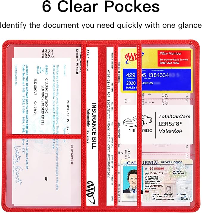 Valardoh Premium Car Registration and Insurance Card Holder, Car Document Holder for Cards, Driver License & other Essential Documents (Red)