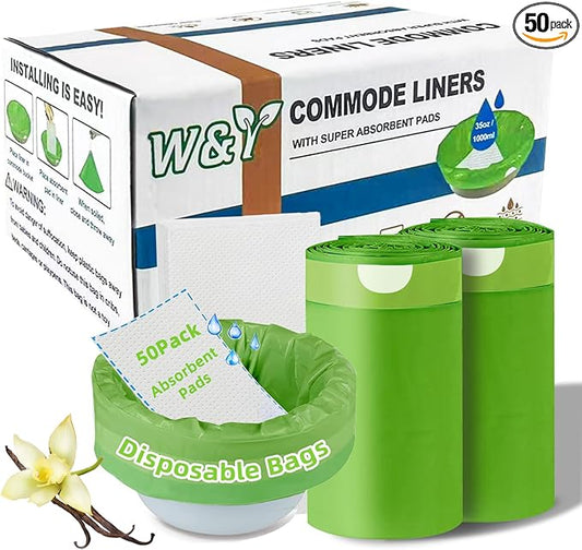 W&Y 50 Pack Commode Liners with Super Absorbent Pads, Universal Fit All Standard Toilet Chair Bucket，Vanilla-Scented Portable Sanitary Bag for Adult Toilets and Camping Toilets（50 Bags+50Pads）