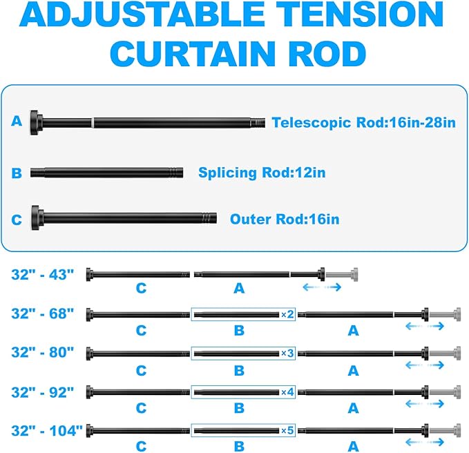 TEECK Shower Curtain Rod, 32-43 inch Adjustable Spring Tension Curtain Rod, Never Rust Anti-Slip Shower Curtain Rod for Bathroom, No Drilling, Never Collapse, Easy to Use, Black