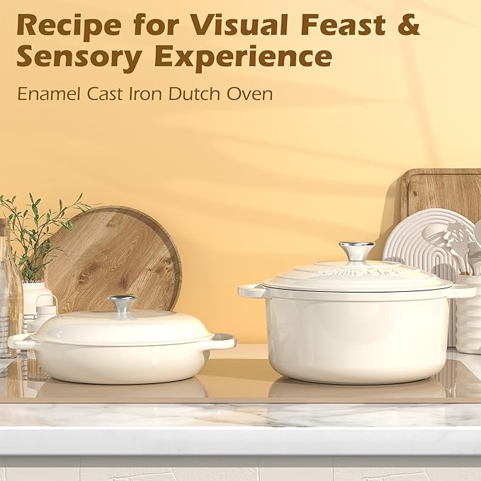 Umite Chef Enameled Cast Iron Dutch Oven-7QT Pot with Lid Cookbook & Cotton, Heavy-Duty Cookware for for Bread Baking, Braising, Stews, Marinate, Cook(Cream White)