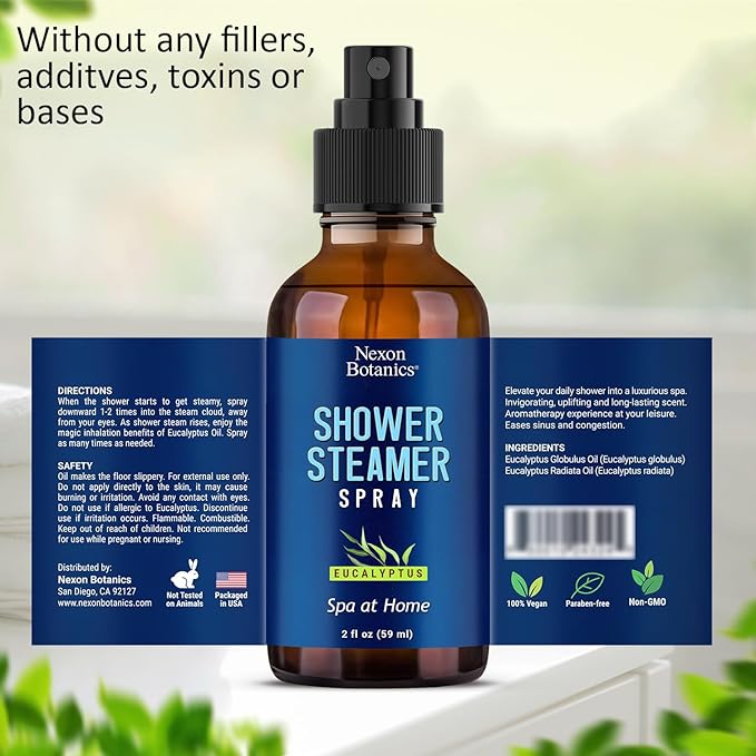 Eucalyptus Shower Steamer Spray 2 fl oz – Aromatherapy Shower Mist with Essential Oils – Eucalyptus Steam Spray for Sauna, Spa, Bathroom & Room – Nexon Botanics
