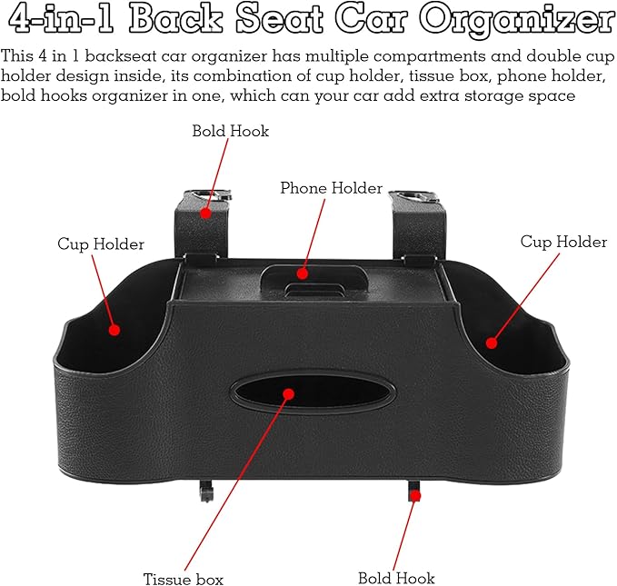 Back Seat Car Organizer, Upgraded Multifunctional Car Storage Box, Hanging Back Seat Storage Organizer, with Phone Holder, Tissue Box, Cup Holders, Hooks (Type B - Black)