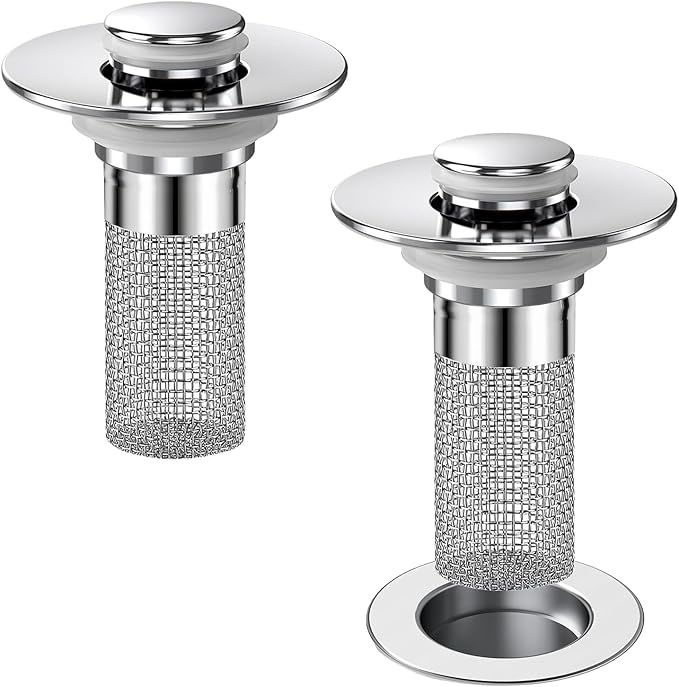 Bathroom Sink Drain Strainer, Pop-up Sink Stopper Hair Catcher with Removable Stainless Steel Filter Basket,Universal Drain Plug Filter Replacement for Bathroom Shower Sink Stopper(2Pcs)
