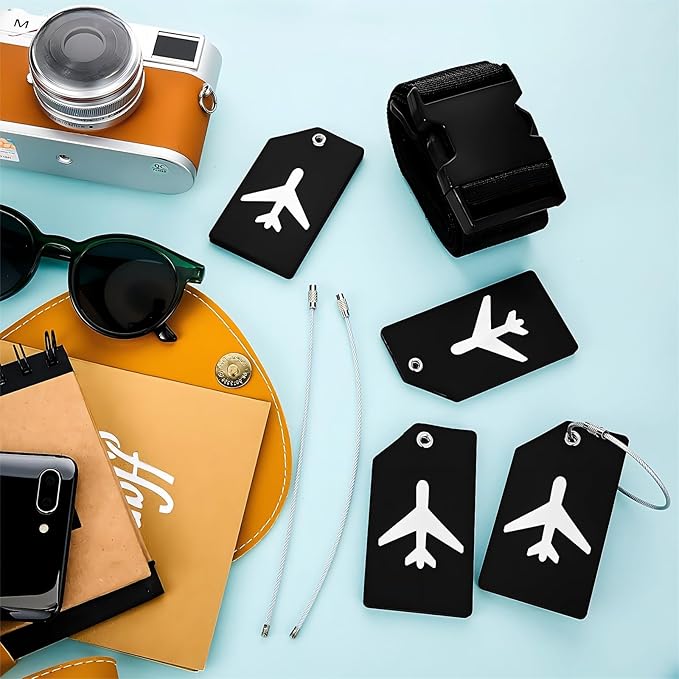 Weewooday 8 Pcs Luggage Straps Suitcase Tags Set for TSA Approved, 4 Travel Adjustable Suitcase Belt, 4 Silicone Luggage Tags with Name ID Card Travel Accessories (Black, Airplane)