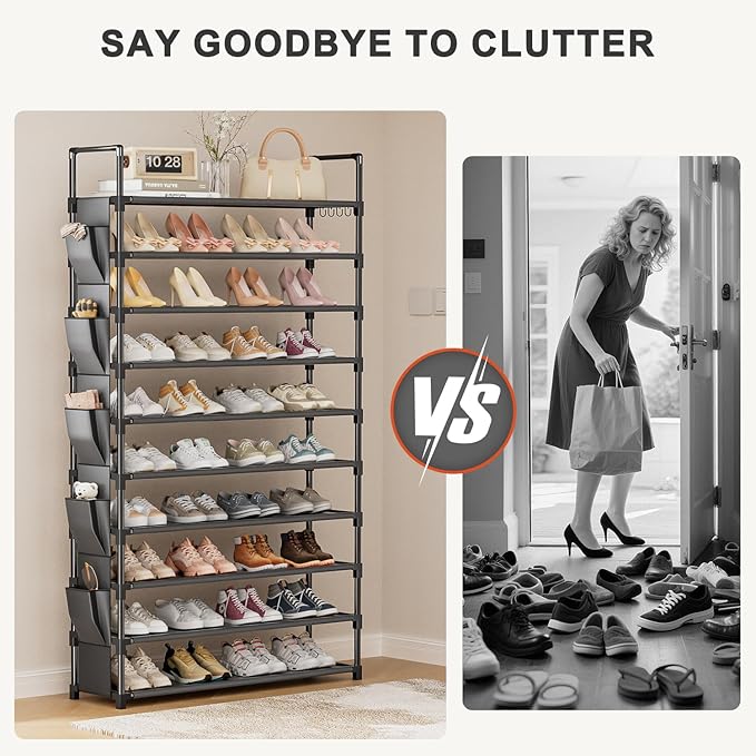 Tall Shoe Rack 10 Tier Shoe Racks Organizer for Closet 40-45Pairs,Large Capacity Storage Rack for Shoes with 5Hooks,Sturdy Metal Shoe Shelf, Vertical Shoe Stand Tower