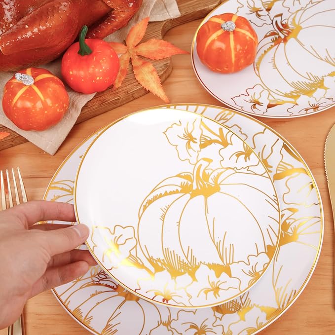FLOWERCAT 60PCS Thanksgiving Plates & Gold Pumpkin Plates - Including 30PCS 10.25inch Thanksgiving Dinner Plates and 30PCS 7.5inch Dessert Plates for Giving Thanks Theme Party