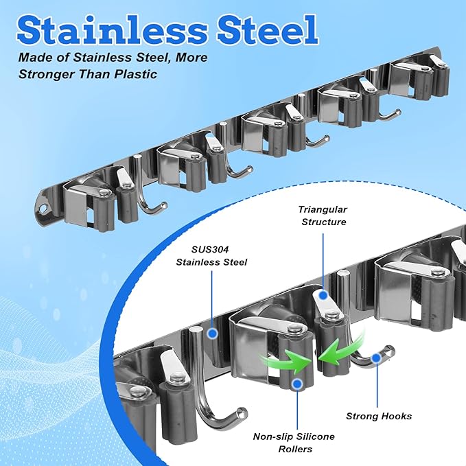 2 Pack Heavy Duty Wall Mount Broom Holder – Stainless Steel with 5 Racks & 4 Hooks Broom Organizer– Self-Adhesive or Screw Mount Mop Holder for Garage, Laundry, Kitchen – Silver