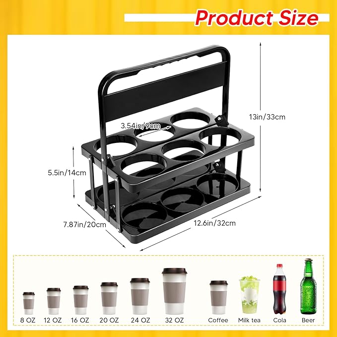 Reusable 6 Cup Drink Carrier with Handle and Insulated Bag for Hot and Cold Drink/Food, Foldable Plastic Cup Holder and Large Capacity Insulated Food Bag for Travel and Delivery