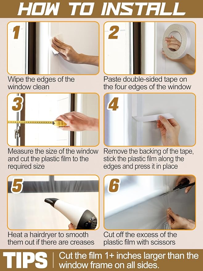 Apipi Thicken Window Insulation for Winter - Fits 10 Windows of 3' x 5' Durable Sealing Plastic Film Cover, Clear Shrink Window Insulation Kit with Double-Side Tape for Winterizing, 63 × 433 in