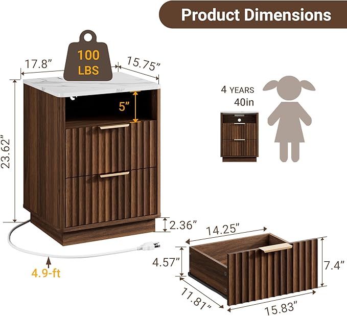 Fluted Nightstand with Charging Station, 18" Modern Night Stand with Faux Marble Top, 2 Drawers End Table with Storage, Bedside Table for Bedroom Living Room, Curved Profile Design(Walnut)