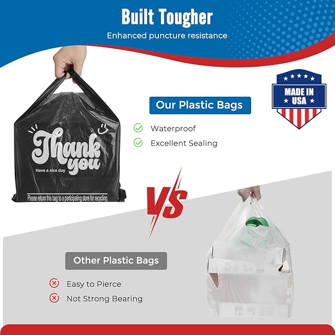 Fuxury 1000 Count Thank You Plastic Bags Black (11.5" x 6.5" x 21"), T-shirt, Grocery, Take Out, To Go, Restaurants, Retail Shopping Bags in Bulk for Small Business (Made in USA)