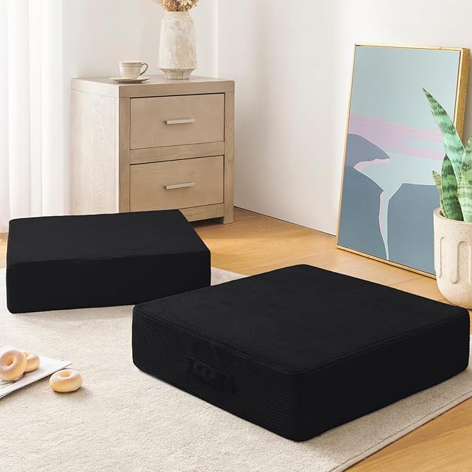 Wellsin Solid Square Floor Pillows for Adults Kids - Large Meditation Floor Pillow Seating Cushion with Thick Foam & Washable Velvet Cover, 1 Pack, 22x22x5 Inch, Black