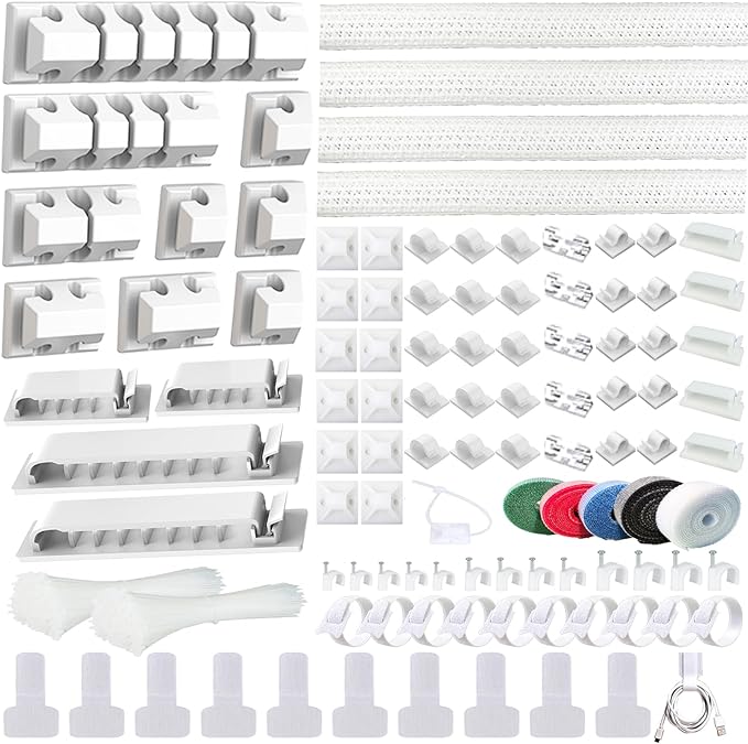 ELII 327PCS White Cable Management Kit: 4 Cable Sleeves, 65 Cable Clips with 13 Cord Holders, 20+5 Roll Cable Organizer Straps, 200 Fastening Cable Ties, 20 Cable Zip Tie Mounts for Computer (White)