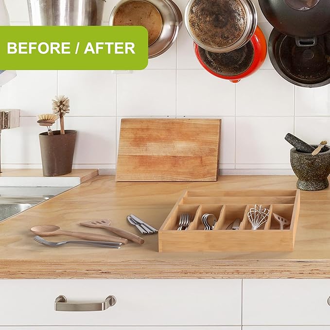 Unibambou Bamboo Utensil Drawer Organizer, Silverware Tray Organizer, Kitchen Drawer Organizer for Flatware Cutlery, Silverware Tray for Drawer (Natural, Large 16.5x12 Inch)