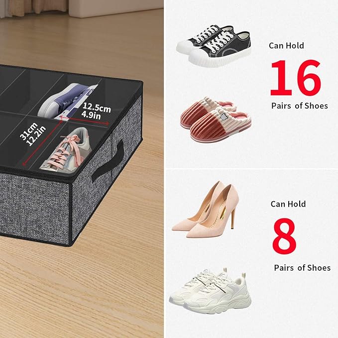 Onlyeasy Sturdy Under Bed Shoe Storage Organizer with Handles and Clear Window, Fits 16 to 32 Pairs, Premium Foldable Shoe Container Box for Closet, 37.7x 23.6x 5.9 inch, Cotton-like Black, MXBUBS16P2