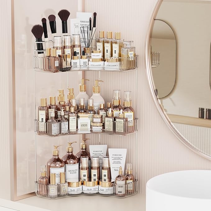 3-Tier Corner Bathroom Counter Organizer with Top Toothbrush Holders, Large Makeup Organizer Countertop with Brush Holder, Skincare Organizers Corner, Exquisite Vanity Organizer (Clear, 3 Tier)
